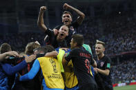 <p>Jubilation: Croatia players celebrate after Luka Modric scored their side’s second goal. (AP) </p>