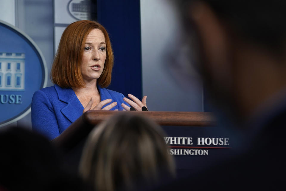 White House press secretary Jen Psaki speaks during the daily briefing at the White House in Washington, Tuesday, Aug. 31, 2021. (AP Photo/Susan Walsh)