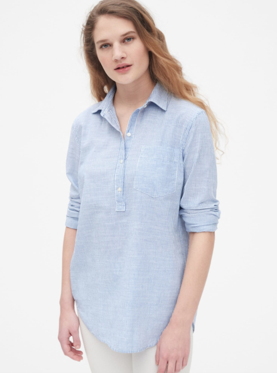 Boyfriend Stripe Popover Shirt. Image via Gap.