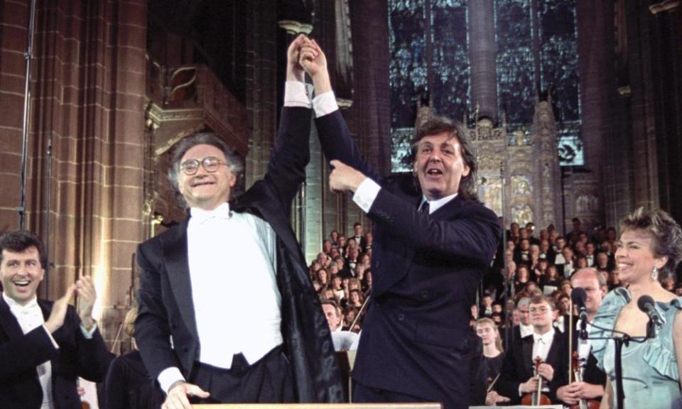 Davis and Sir Paul McCartney at the premiere of the Liverpool Oratorio, 1991.