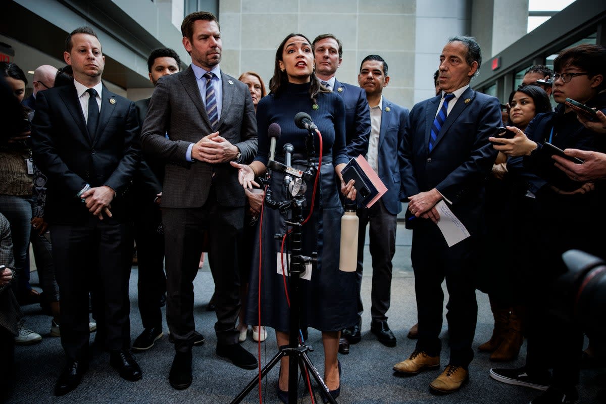 WASHINGTON, DC - FEBRUARY 28: Rep. Alexandria Ocasio-Cortez (D-NY) speaks during a press conference with other Democratic members of the House Committee on Oversight and Accountability, and House Judiciary Committee during a break in the closed-door deposition of Hunter Biden, son of U.S. President Joe Biden, in the O’Neill House Office Building on February 28, 2024 in Washington, DC. The meeting is part of the Republicans’ impeachment inquiry into President Joe Biden. (Photo by Samuel Corum/Getty Images) (Getty Images)