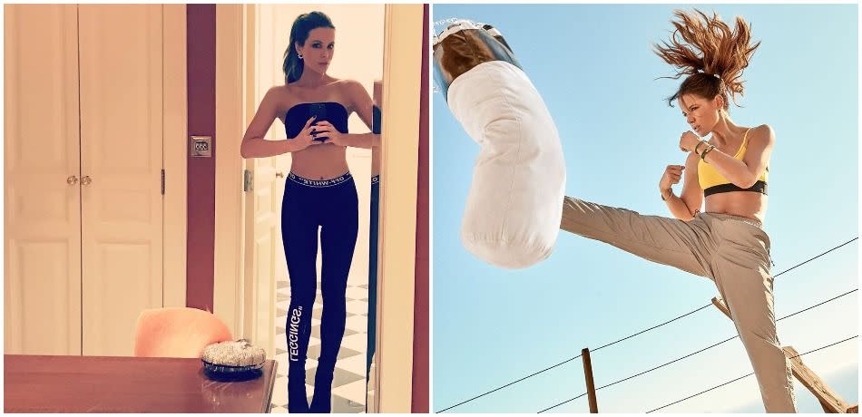 Kate Beckinsale in selfie mode and kickboxing