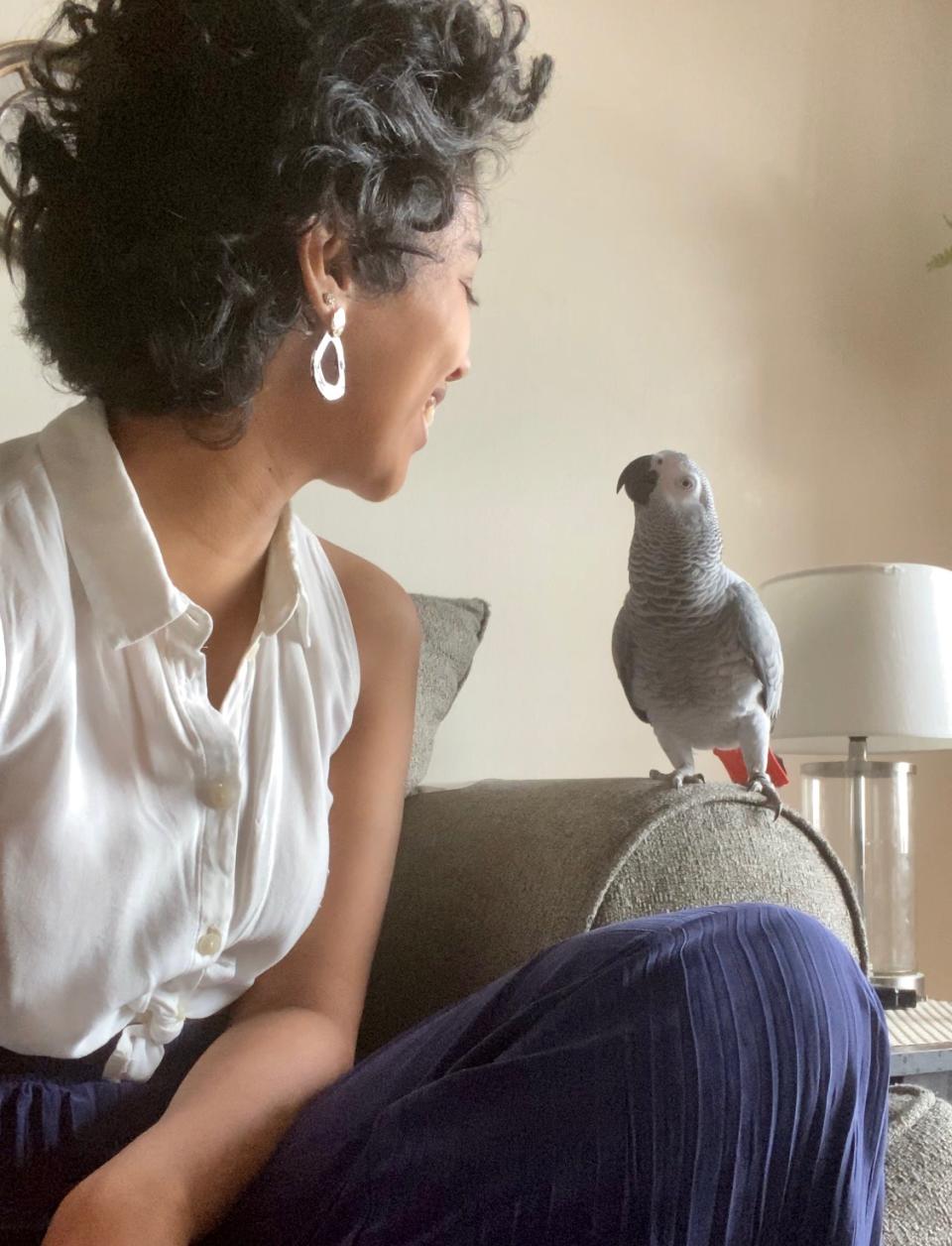 Lenah Alshowaiman of New York City lost her African grey parrot and a stranger reunited them. (Photo: Courtesy of Lenah Alshoaiman)