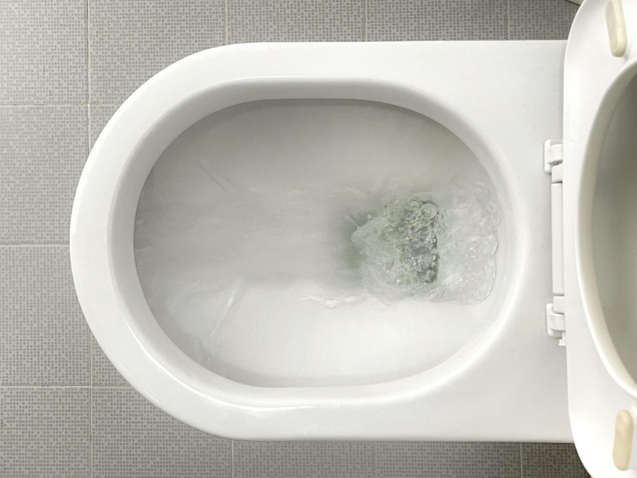 Water flushes down toilet bowl