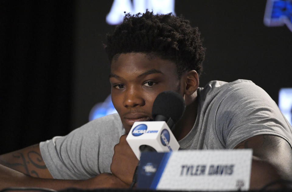 Texas A&M forward Robert Williams listens to questions during a news conference at the NCAA men’s college basketball tournament, Wednesday, March 21, 2018, in Los Angeles. Texas A&M plays Michigan in a regional semifinal on Thursday. (AP Photo/Mark J. Terrill)