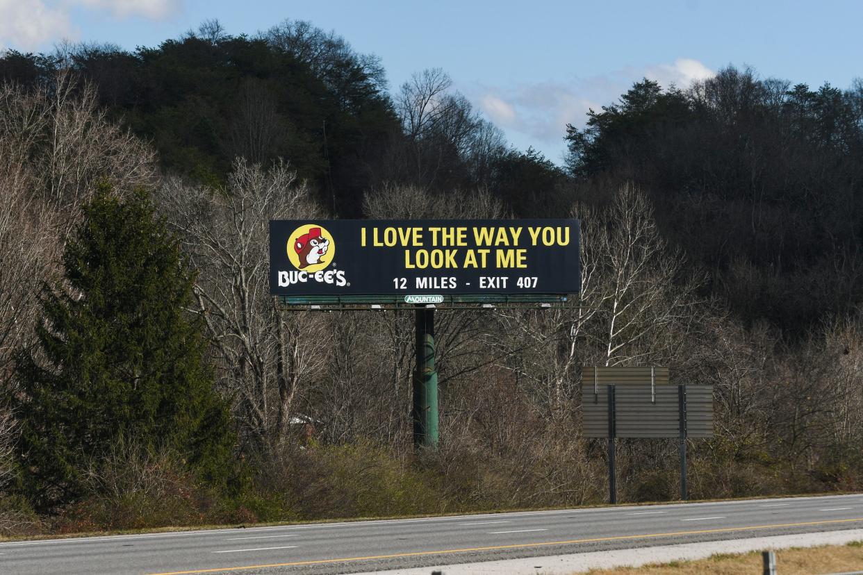 A Buc-ee's billboard reads "I Love The Way You Look At Me" on Interstate 40 in Tennessee on Thursday, Dec. 28, 2023.