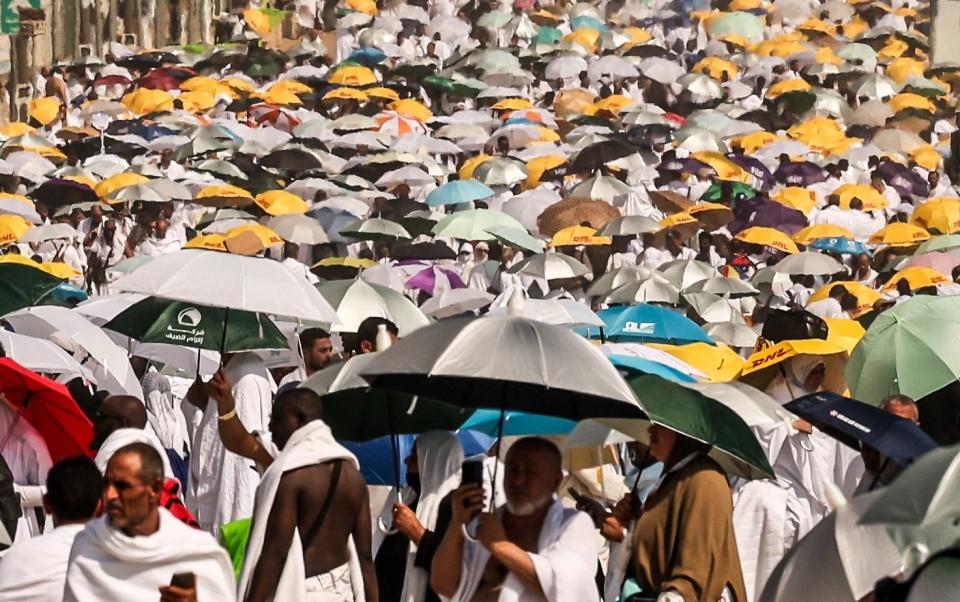 Muslim pilgrims use umbrellas to shade themselves from the sun at the base of Mount Arafat