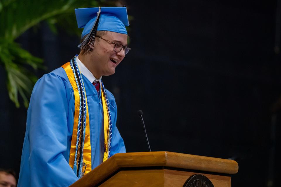 Valedictorian Matthew Hurford addresses the Class of 2022 and those in attendance. Ponte Vedra High School hosted its commencement program for the Class of 2022 at the UNF Arena on May 28, 2022.
Photo made May 28, 2022,
[Fran Ruchalski for the St. Augustine Record]