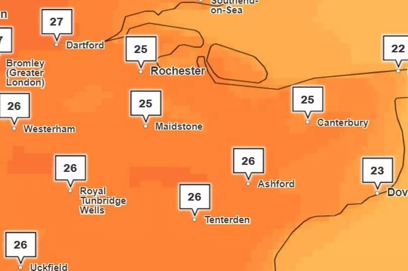 Kent is in for a week of high temperatures and sunshine (Pictured: Met Office temperature forecast for 4pm on Tuesday, June 25)