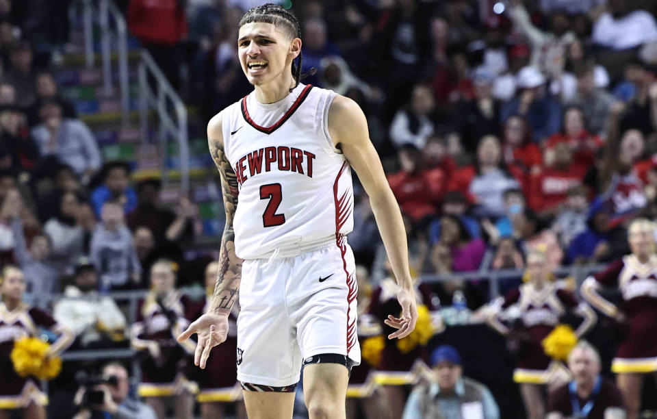 Newport guard Jabari Covington reacts during their Ninth Region championship win over Cooper Tuesday, March 12, 2024.