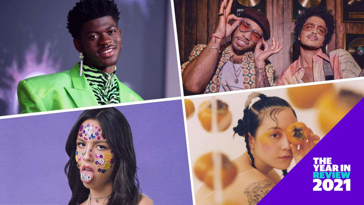 Clockwise: Lil Nas X, Silk Sonic, Japanese Breakfast, Olivia Rodrigo (Photos: Getty Images, Atlantic/Aftermath, Dead Oceans, Geffen)