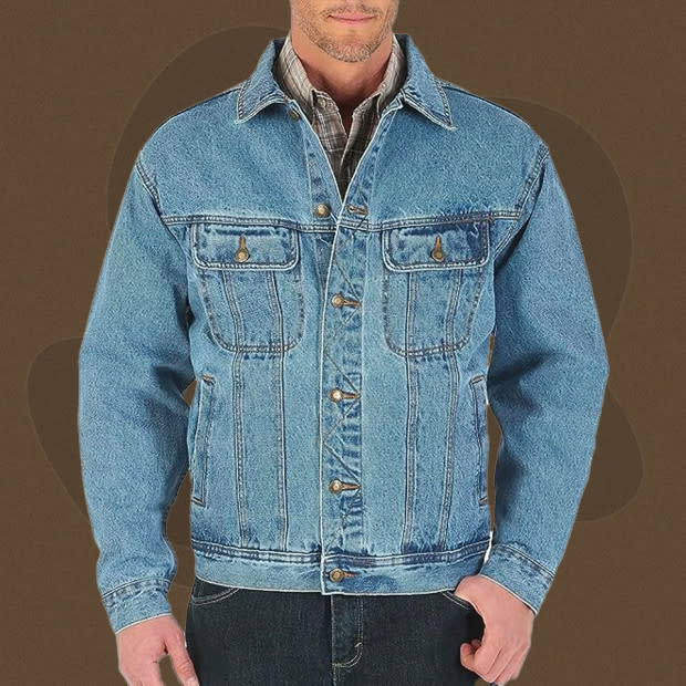 <p>Courtesy of Amazon</p><p>As rugged as it is affordable, Wrangler’s denim jacket has a boxy, comfortable fit and is constructed from 100% cotton. In contrast to the angular pockets and diagonal stitching typical to Levi’s-style type III jackets, Wrangler’s take features rounded chest pockets and straight stitching for a more natural, relaxed look. There are two hand pockets and two adjustable cinch tabs on the back. It’s also available in sizes for tall guys.</p><p>[From $42; <a href="https://www.amazon.com/Wrangler-Rugged-Wear-Denim-Jacket/dp/B01B4I2I2E?&linkCode=ll1&tag=mj-bestdenimjackets-jzavaleta-080423-update-20&linkId=e294f0d8fa315219309569f6c061250a&language=en_US&ref_=as_li_ss_tl" rel="nofollow noopener" target="_blank" data-ylk="slk:amazon.com;elm:context_link;itc:0;sec:content-canvas" class="link ">amazon.com</a>]</p>