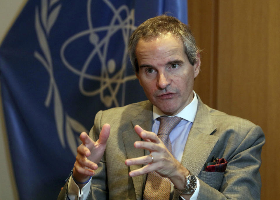 Director General of International Atomic Energy Agency (IAEA) Rafael Mariano Grossi from Argentina, gestures during an interview with The Associated Press at the International Center in Vienna, Austria, Tuesday, Dec. 3, 2019. The new head of the U.N.’s atomic watchdog agency says it still has not received the information it needs from Iran on the discovery of uranium particles of man-made origin at a site near Tehran that wasn’t declared to the agency. (AP Photo/Ronald Zak)