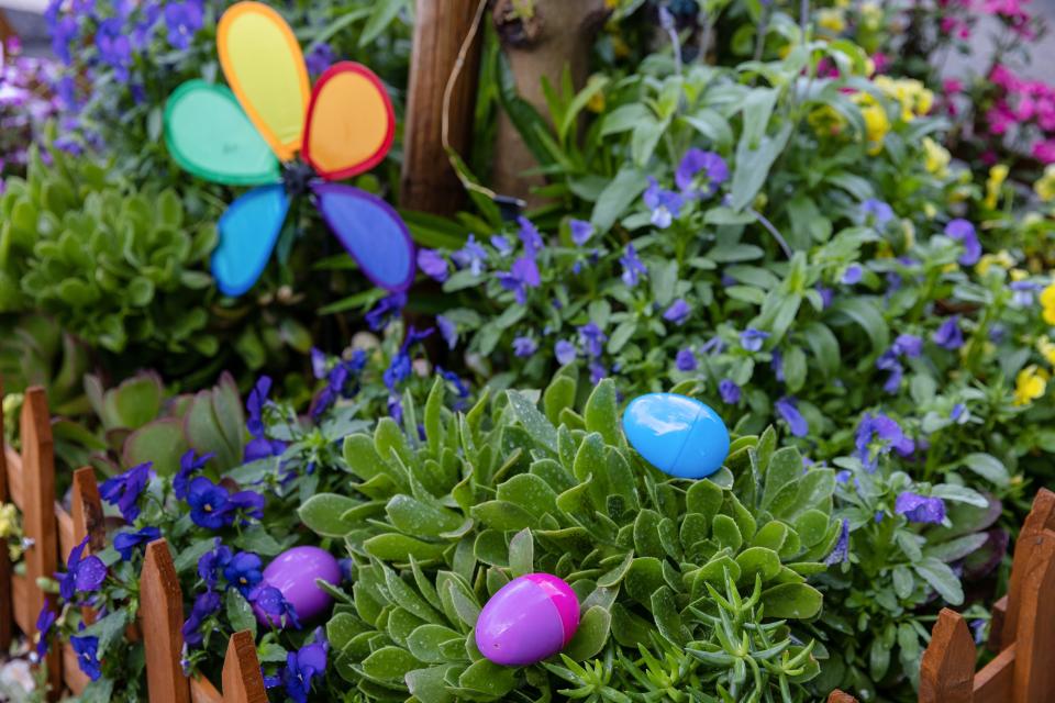 Eggs sit waiting in flowerbeds at the Yosemite Street Village's 2nd Annual Easter Egg Hunt on Saturday, April 16, 2022, in Stockton.