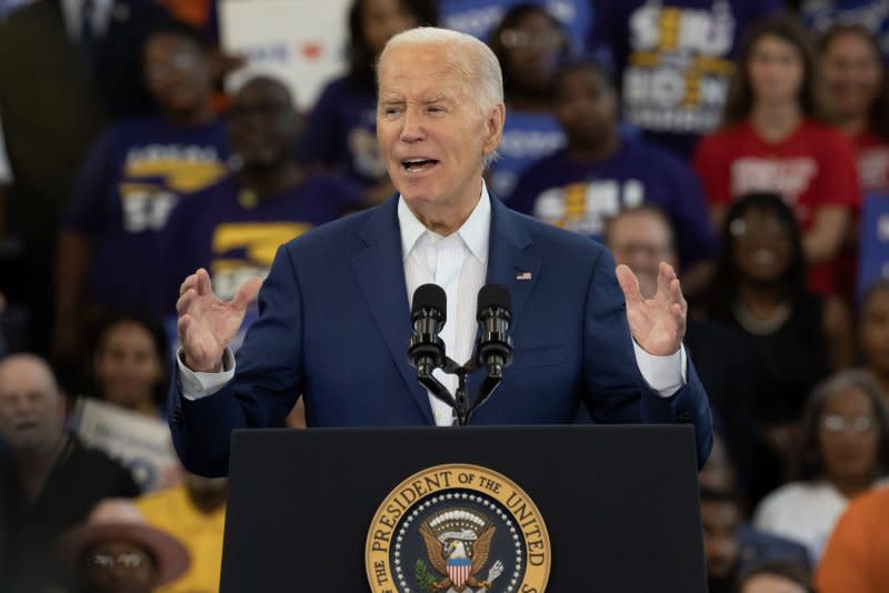President Joe Biden speaks at a campaign rally in Detroit, Mich., on July 12. File Photo by Rena Laverty/UPI