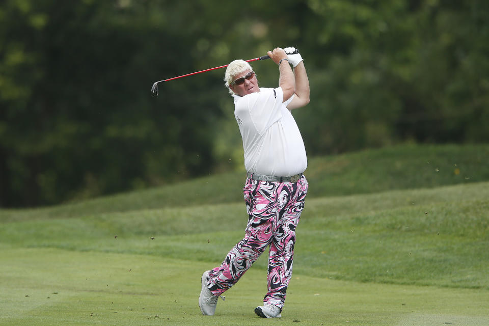 NICHOLASVILLE, KENTUCKY - JULY 18: John Daly of the United States plays a shot on the fifth hole during the first round of the Barbasol Championship on July 18, 2019 in Nicholasville, Kentucky. (Photo by Michael Reaves/Getty Images)