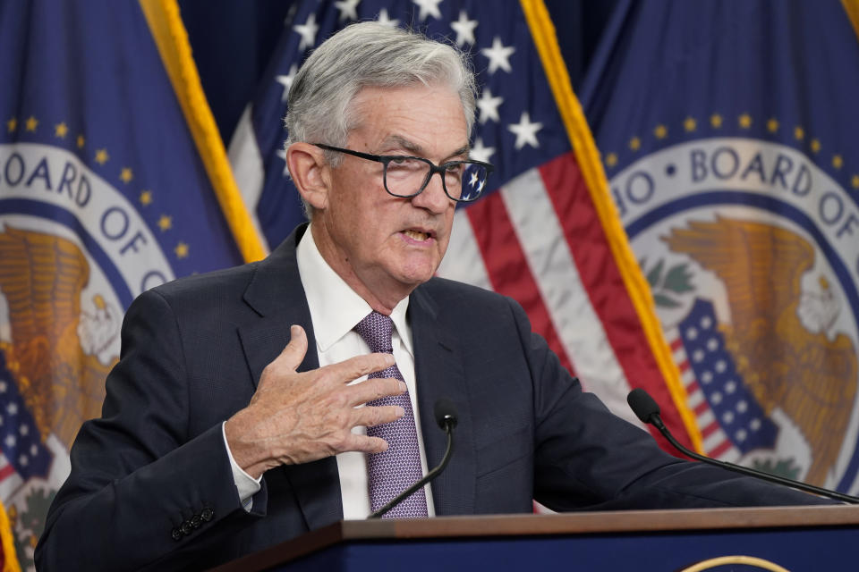 Federal Reserve Chair Jerome Powell speaks at a news conference Wednesday, Sept. 21, 2022, at the Federal Reserve Board Building, in Washington. Intensifying its fight against chronically high inflation, the Federal Reserve raised its key interest rate by a substantial three-quarters of a point for a third straight time, an aggressive pace that is heightening the risk of an eventual recession. (AP Photo/Jacquelyn Martin)