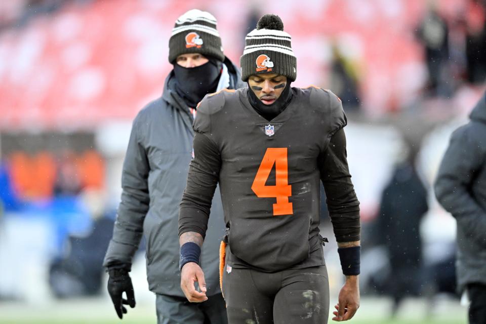 Cleveland Browns quarterback Deshaun Watson walks off the field after losing to the New Orleans Saints, 17-10, in an NFL football game, Saturday, Dec. 24, 2022, in Cleveland. (AP Photo/David Richard)