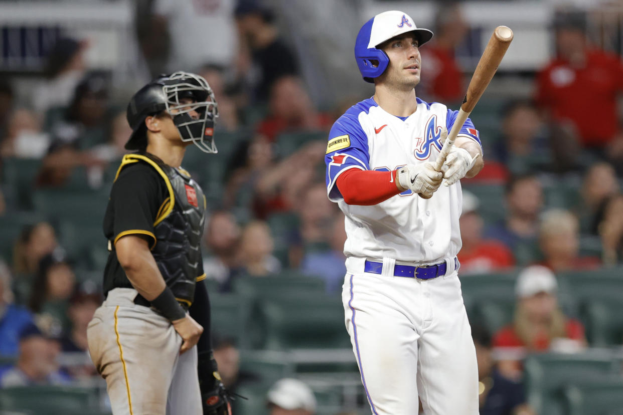 Olson admires a homer over the weekend. (Alex Slitz/Getty Images)