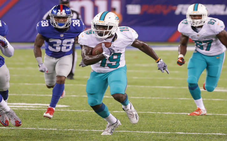 Aug 12, 2016; East Rutherford, NJ, USA; Miami Dolphins wide receiver Jakeem Grant (19) gains yards during the second half of the preseason game against the New York Giants at MetLife Stadium. The Dolphins won, 27-10. Mandatory Credit: Vincent Carchietta-USA TODAY Sports