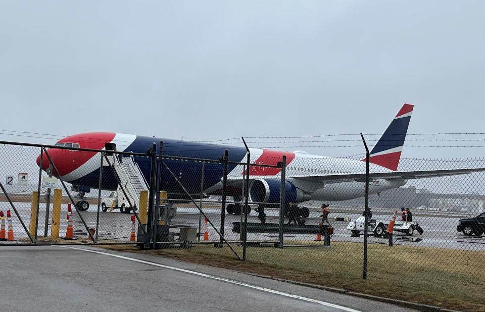 The Patriots plane awaits at TF Green Airport Thursday morning to carry Providence Friar support staff and others to Chicago for the NCAA Sweet 16 round. 3/24/22