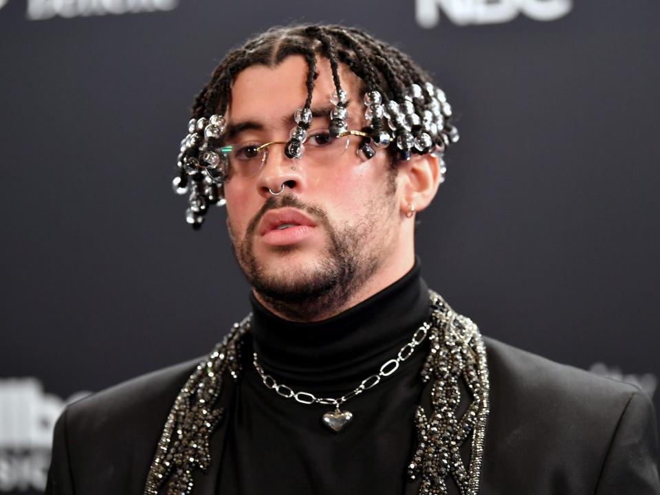 Bad Bunny poses backstage at the 2020 Billboard Music Awards, broadcast on October 14, 2020 at the Dolby Theatre in Los Angeles, CA.