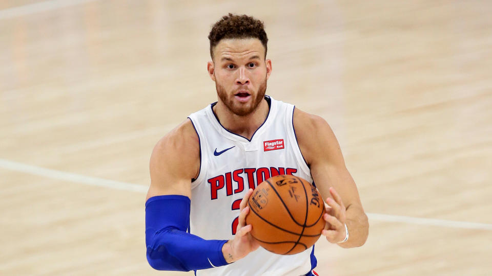 Detroit Pistons forward Blake Griffin passes the ball during the first half of an NBA basketball game against the New York Knicks Sunday, Dec. 13, 2020, in Detroit. (AP Photo/Duane Burleson)