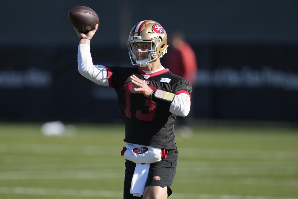 San Francisco 49ers quarterback Brock Purdy (13) passes during an NFL football practice in Santa Clara, Calif., Thursday, Jan. 26, 2023. The 49ers are scheduled to play the Philadelphia Eagles Sunday in the NFC championship game. (AP Photo/Jeff Chiu)