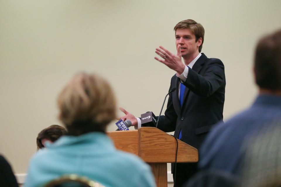 Collin O'Mara, president and CEO of the National Wildlife Federation and former DNREC secretary, speaks in favor of the Clean Power Plan during a public forum Monday on the repeal of the federal plan by the Trump administration.