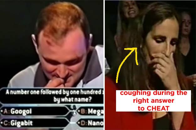 A man thinking about a question, and a woman covering her mouth with her hand with the text "coughing during the right answer to CHEAT"