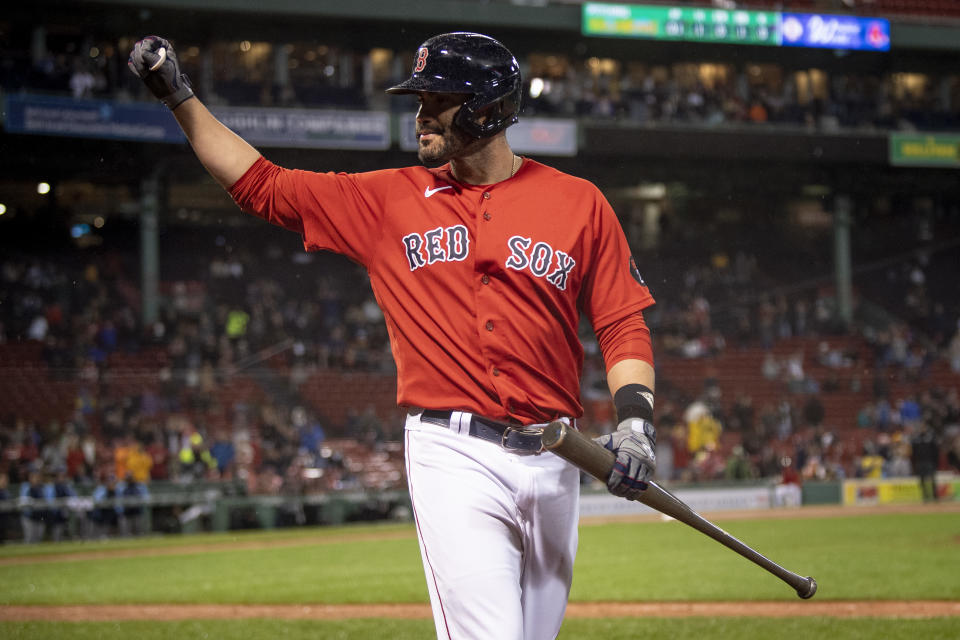 BOSTON, MA - OCTOBER 5: J.D. Martinez #28 of the Boston Red Sox reacts as he exits the game during the ninth inning against the Tampa Bays Rays on October 5, 2022 at Fenway Park in Boston, Massachusetts. (Photo by Maddie Malhotra/Boston Red Sox/Getty Images)