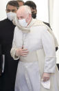 Pope Francis arrives at an interreligious meeting near the archaeological area of the Sumerian city-state of Ur, 20 kilometers south-west of Nasiriyah, Iraq, Saturday, March 6, 2021. Ur is considered the traditional birthplace of Abraham, the prophet common to Muslims, Christians and Jews. Earlier today Francis met privately with the country's revered Shiite leader, Grand Ayatollah Ali al-Sistani. (AP Photo/Andrew Medichini)