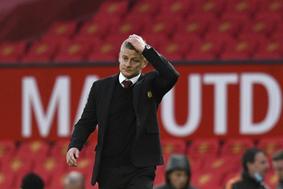 Solskjær walks on the pitch after the 6-1 rout by José Mourinho’s Spurs.
