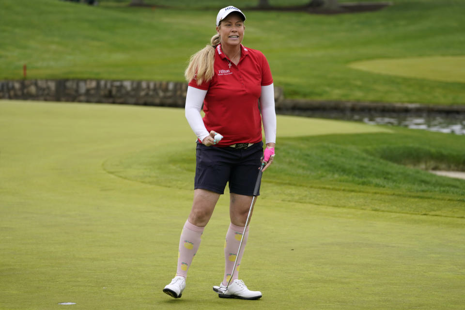 Brittany Lincicome reacts after making her putt on the sixth green during the second round of the LPGA Cognizant Founders Cup golf tournament, Friday, May 13, 2022, in Clifton, N.J. (AP Photo/John Minchillo)
