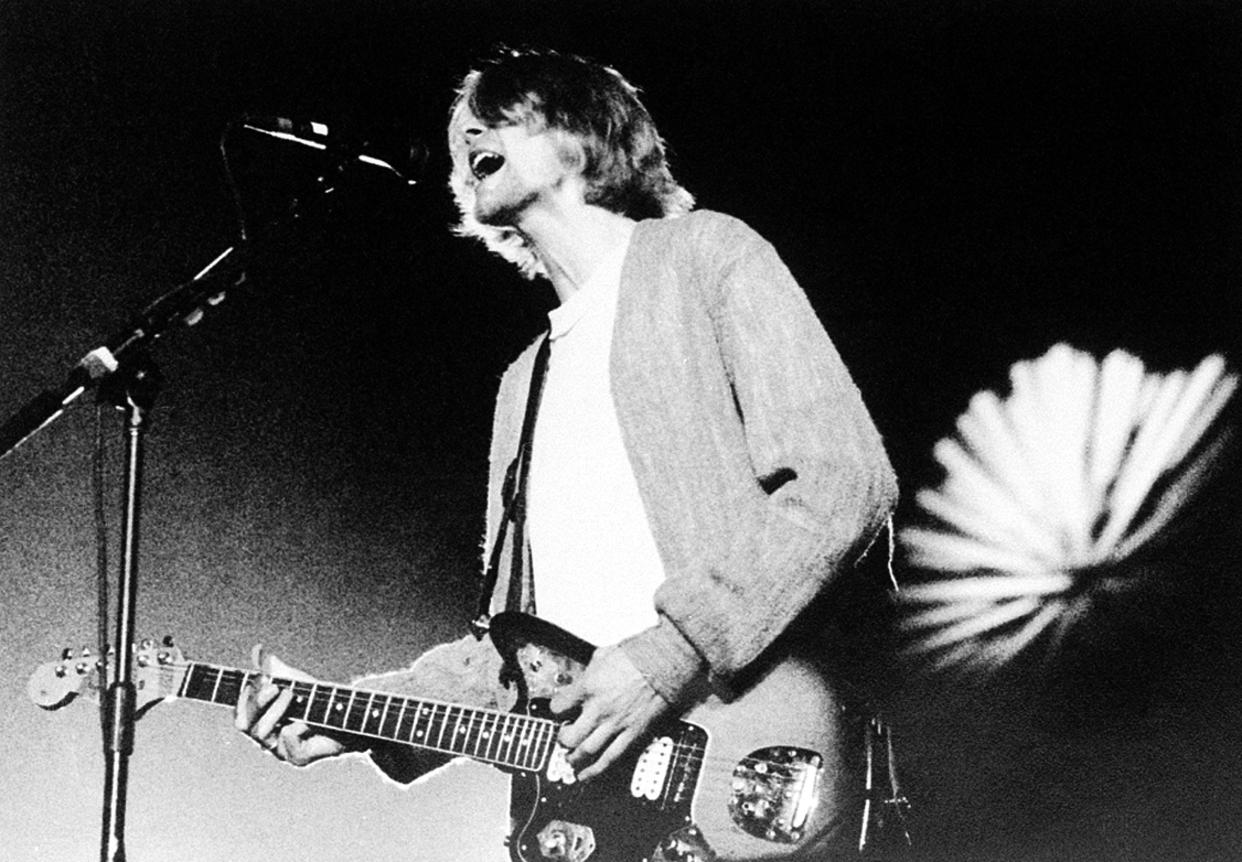 Kurt Cobain, front man of the rock group Nirvana, is shown during a benefit concert at the Cow Palace in Daly City, Calif., Apri