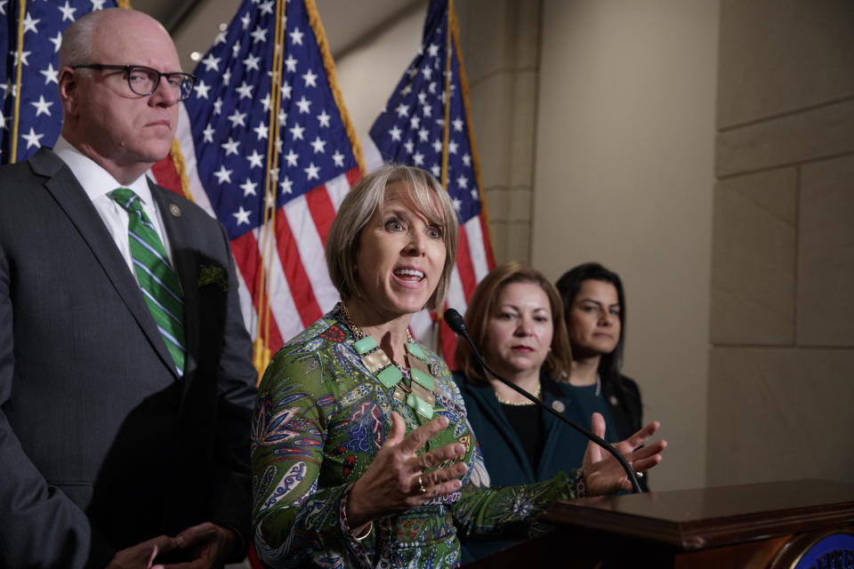 From left, Rep. Joe Crowley, D-N.Y., Democratic caucus chairman; Rep. Michelle Lujan Grisham, D-N.M.; Rep. Linda Sanchez, D-Calif.; and Rep. Nanette Barragan, D-Calif., talk to reporters after a meeting between the Congressional Hispanic Caucus and then-Homeland Security Secretary John Kelly about immigration, on Capitol Hill, March, 17, 2017. (Photo: J. Scott Applewhite/AP)