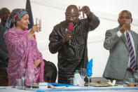 U.N. Deputy Secretary-General Amina Mohammed and Liberia's President George Weah, make a toast during the official celebration of the completion of the UNMIL Mandate in Monrovia, Liberia March 22, 2018. Albert Gonzalez Farran/UNMIL/Handout via REUTERS THIS IMAGE HAS BEEN SUPPLIED BY A THIRD PARTY. NO RESALES. NO ARCHIVES