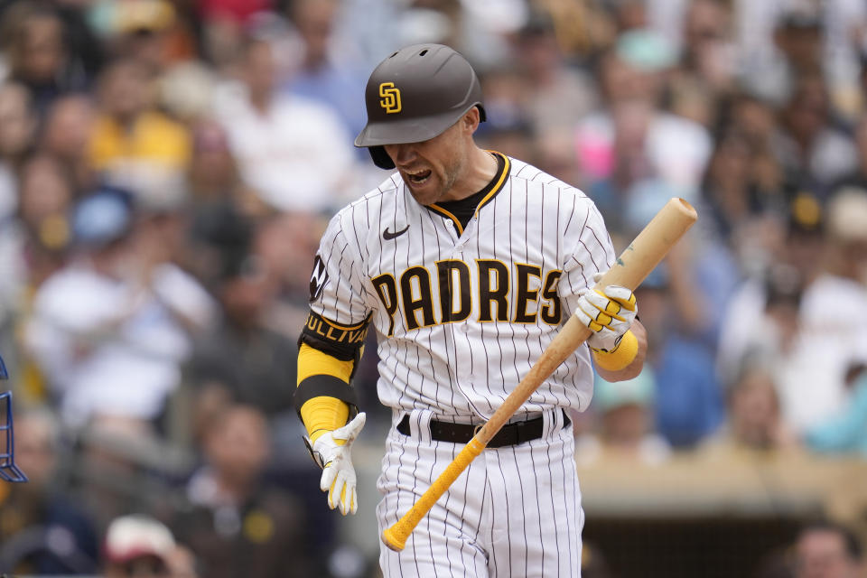 San Diego Padres' Brett Sullivan reacts after striking out during the sixth inning of a baseball game against the Kansas City Royals, Wednesday, May 17, 2023, in San Diego. (AP Photo/Gregory Bull)