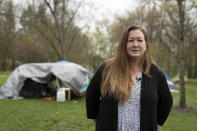 Grants Pass Mayor Sara Bristol visits Tussing Park, Friday, March 22, 2024, in Grants Pass, Ore. (AP Photo/Jenny Kane)