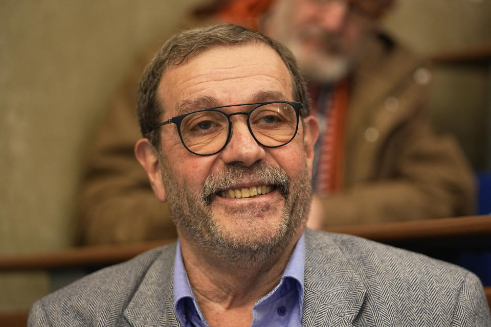 French physicist Alain Aspect smiles before a press conference, Tuesday, Oct. 4, 2022 in Palaiseau, outside Paris. Frenchman Alain Aspect, American John F. Clauser and Austrian Anton Zeilinger were cited by the Royal Swedish Academy of Sciences for discovering the way that unseen particles, such as photons or tiny bits of matter, can be linked, or "entangled," with each other even when they are separated by large distances.(AP Photo/Michel Euler)