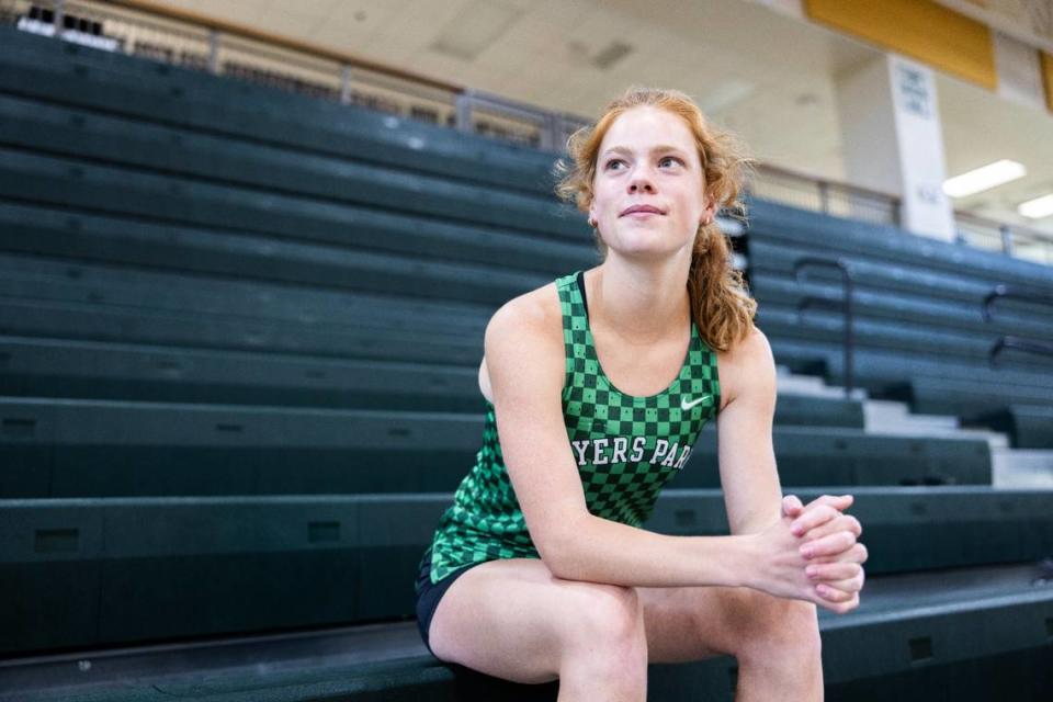 Myers Park track player, Mary Bonner Dalton, poses for a portrait in Charlotte, N.C., on Thursday, May 30, 2024.