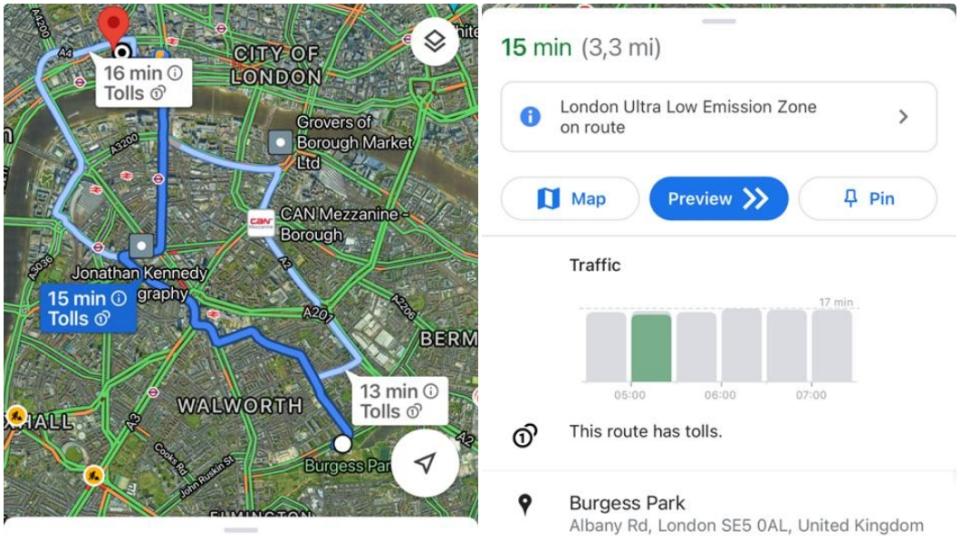 在新的功能當中將會顯示規劃路線上是否會行經低排放區域。（圖片來源/ Google）