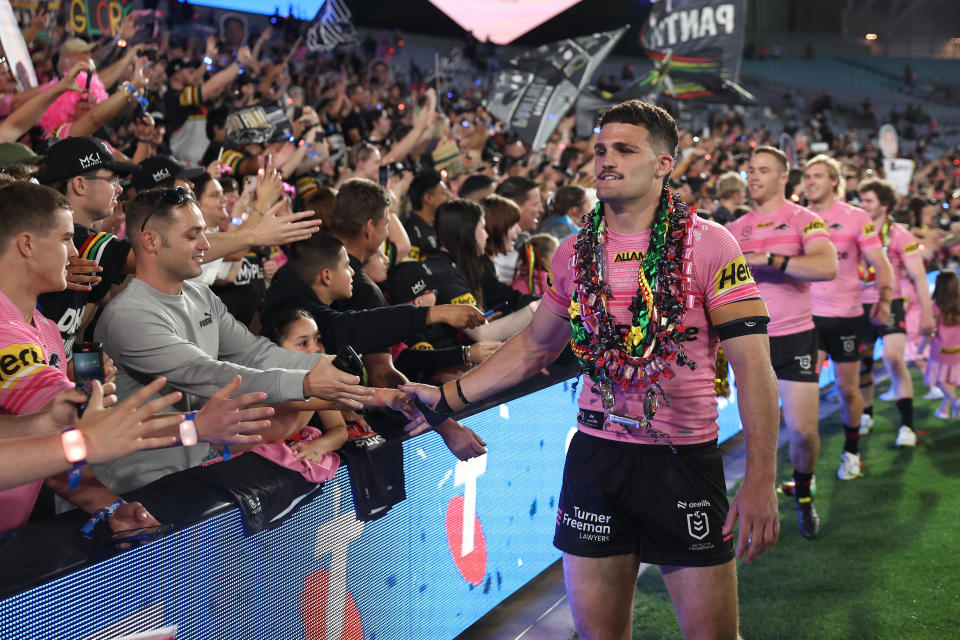 Nathan Cleary, pictured here celebrating with fans after the NRL grand final.