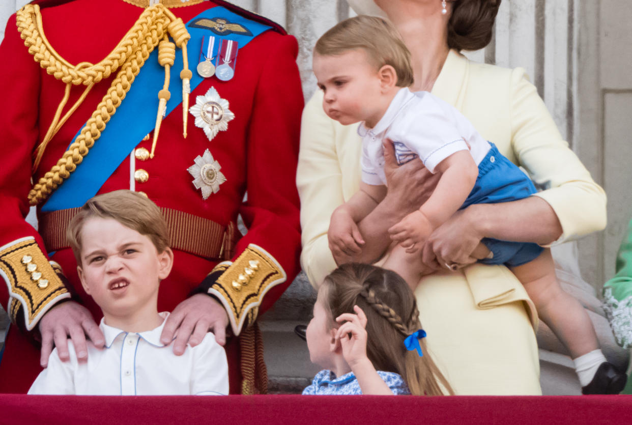 LONDON, ENGLAND - JUNE 08: Prince Louis, Prince George,  Princess Charlotte  and Catherine appear on the balcony during Trooping The Colour, the Queen's annual birthday parade, on June 08, 2019 in London, England. (Photo by Samir Hussein/WireImage)