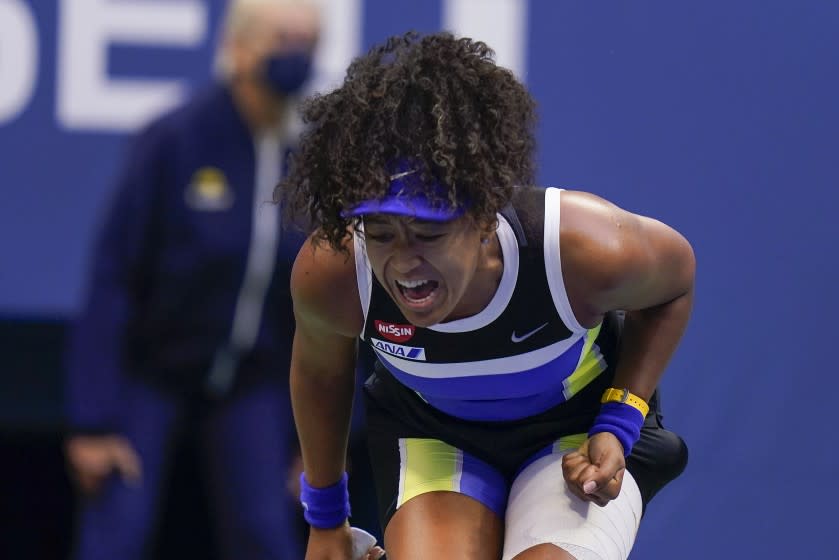 Naomi Osaka, of Japan, reacts during the women's singles final against Victoria Azarenka.