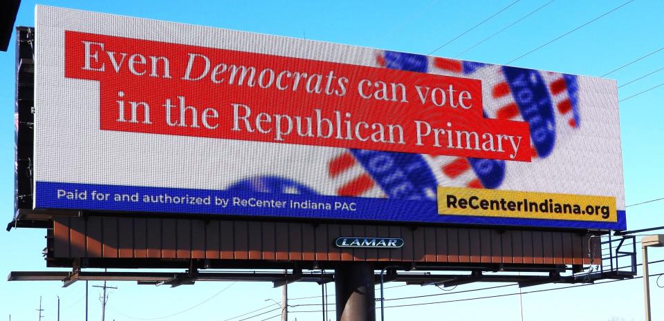 ReCenter Indiana, a political action committee that supports moderate candidates for office, put up this billboard in Merrillville, Indiana, on Broadway just north of the intersection with U.S. 30.