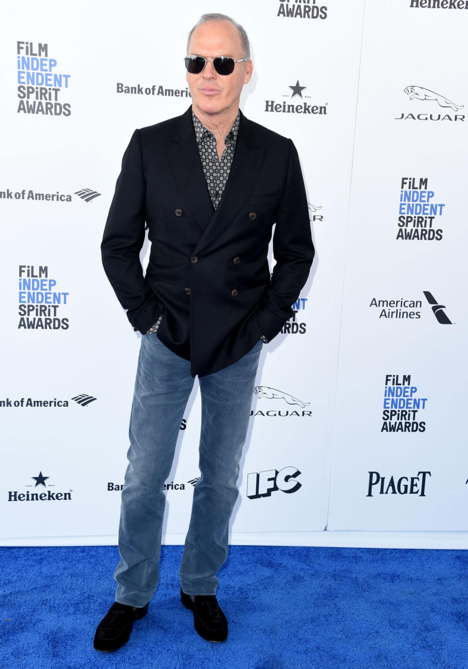 Michael Keaton in jeans and a double-breasted jacket at the 2016 Film Independent Spirit Awards on February 27, 2016 in Santa Monica, California.
