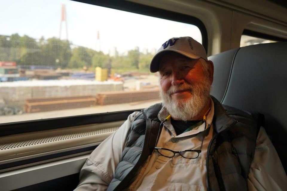 Steven Erick Thompson, a dual citizen of the U.S. and Canada, took the Amtrak Cascades passenger train from Seattle to Vancouver, B.C., Monday, Sept. 26. It was the first train since operations were suspended in March 2020 during the COVID pandemic.