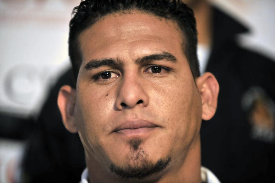 Venezuelan Washington Nationals' baseball catcher, Wilson Ramos, looks on during a press conference in Valencia, Venezuela on November 12, 2011. Ramos, whose kidnapping in his native Venezuela has anguished sports fans around the world, has been rescued alive, government officials said. AFP PHOTO/Leo RAMIREZ (Photo credit should read LEO RAMIREZ/AFP/Getty Images)