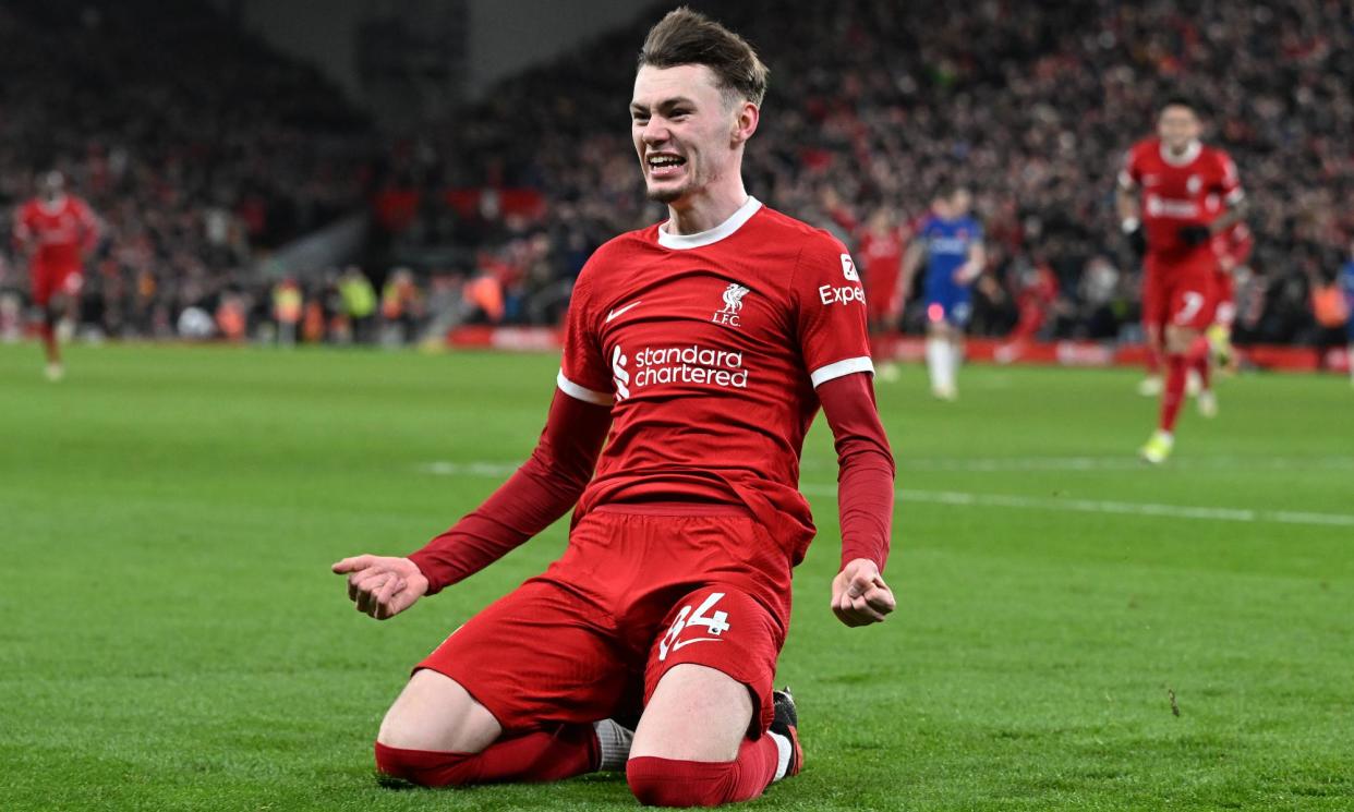 <span>Conor Bradley celebrates scoring against Chelsea in the Premier League.</span><span>Photograph: John Powell/Liverpool FC/Getty Images</span>